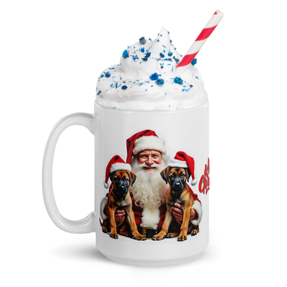 Belgian Malinois Puppies with Santa Claus Glossy White Mug