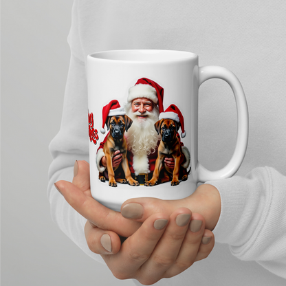 Belgian Malinois Puppies with Santa Claus Glossy White Mug