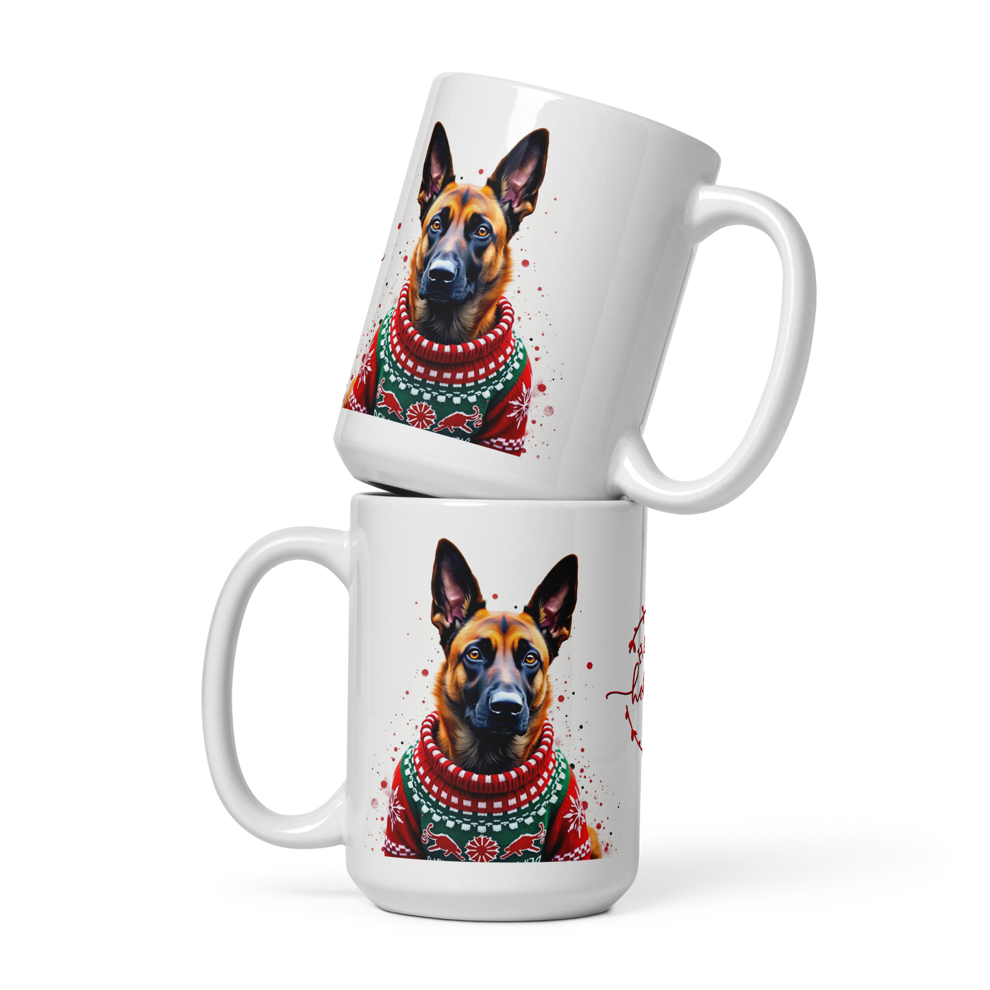 Belgian Malinois Wearing Ugly Christmas Sweater Glossy White Mug