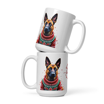 Belgian Malinois Wearing Ugly Christmas Sweater Glossy White Mug