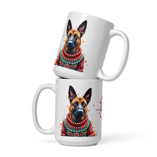 Belgian Malinois Wearing Ugly Christmas Sweater Glossy White Mug