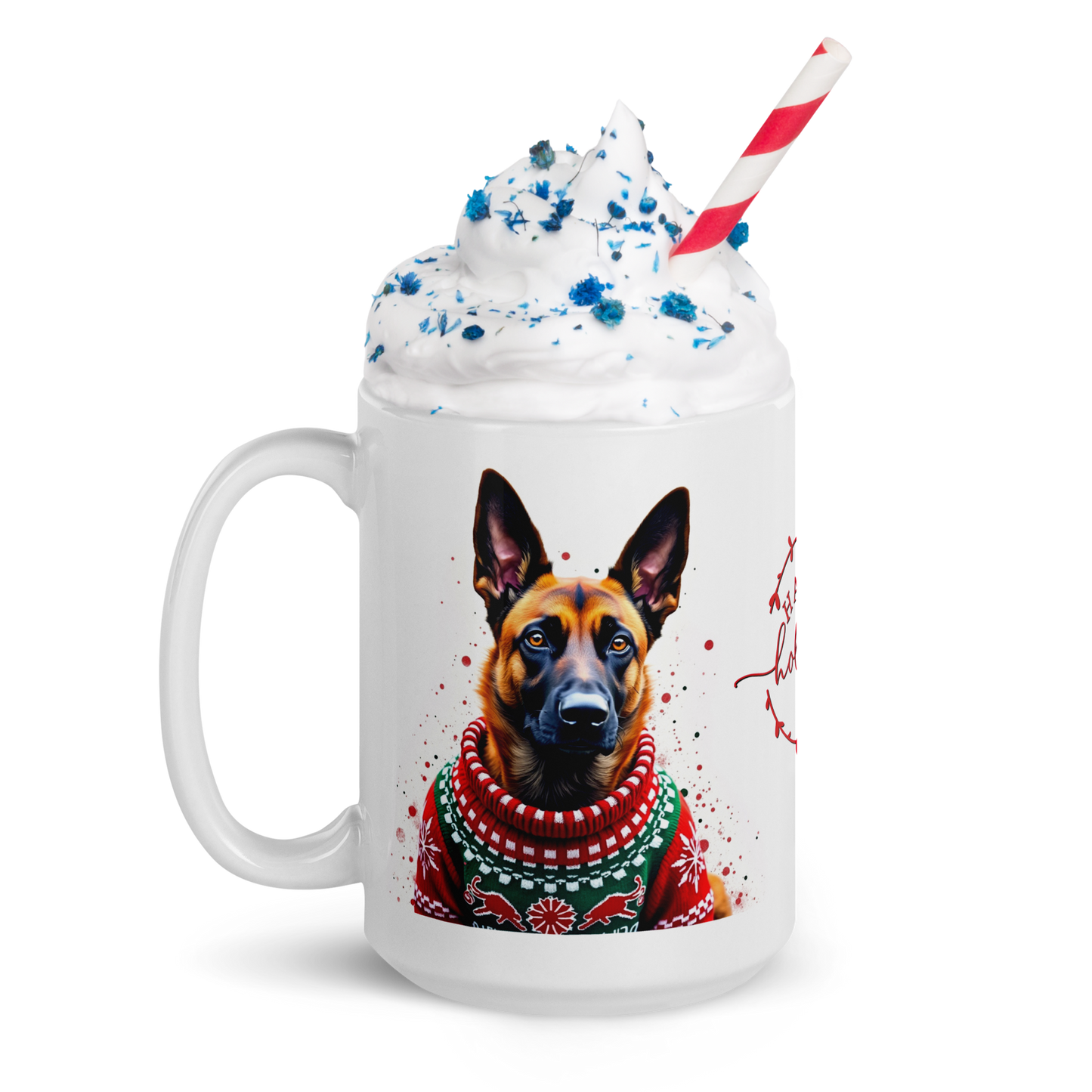 Belgian Malinois Wearing Ugly Christmas Sweater Glossy White Mug