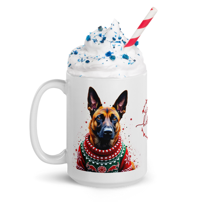 Belgian Malinois Wearing Ugly Christmas Sweater Glossy White Mug