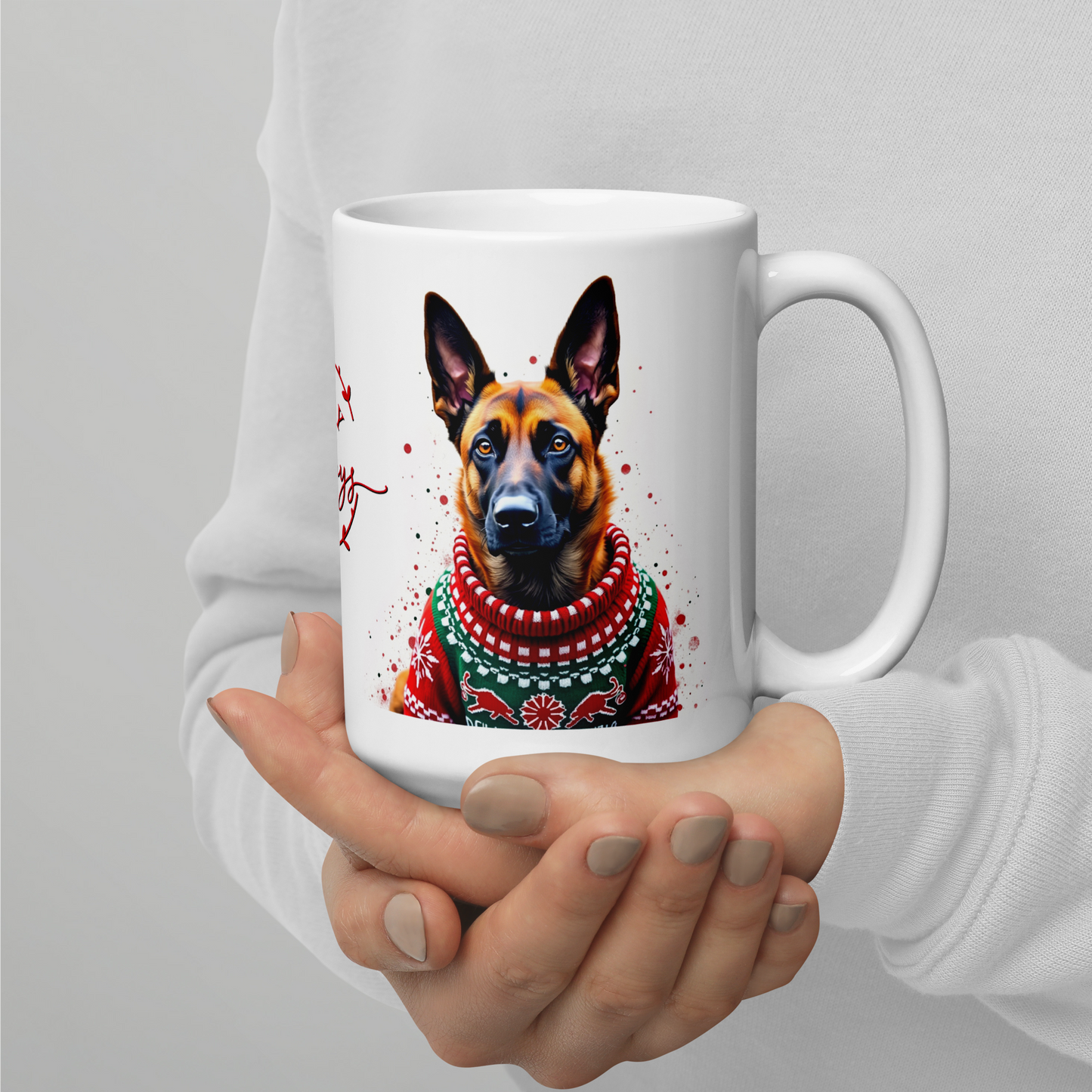 Belgian Malinois Wearing Ugly Christmas Sweater Glossy White Mug