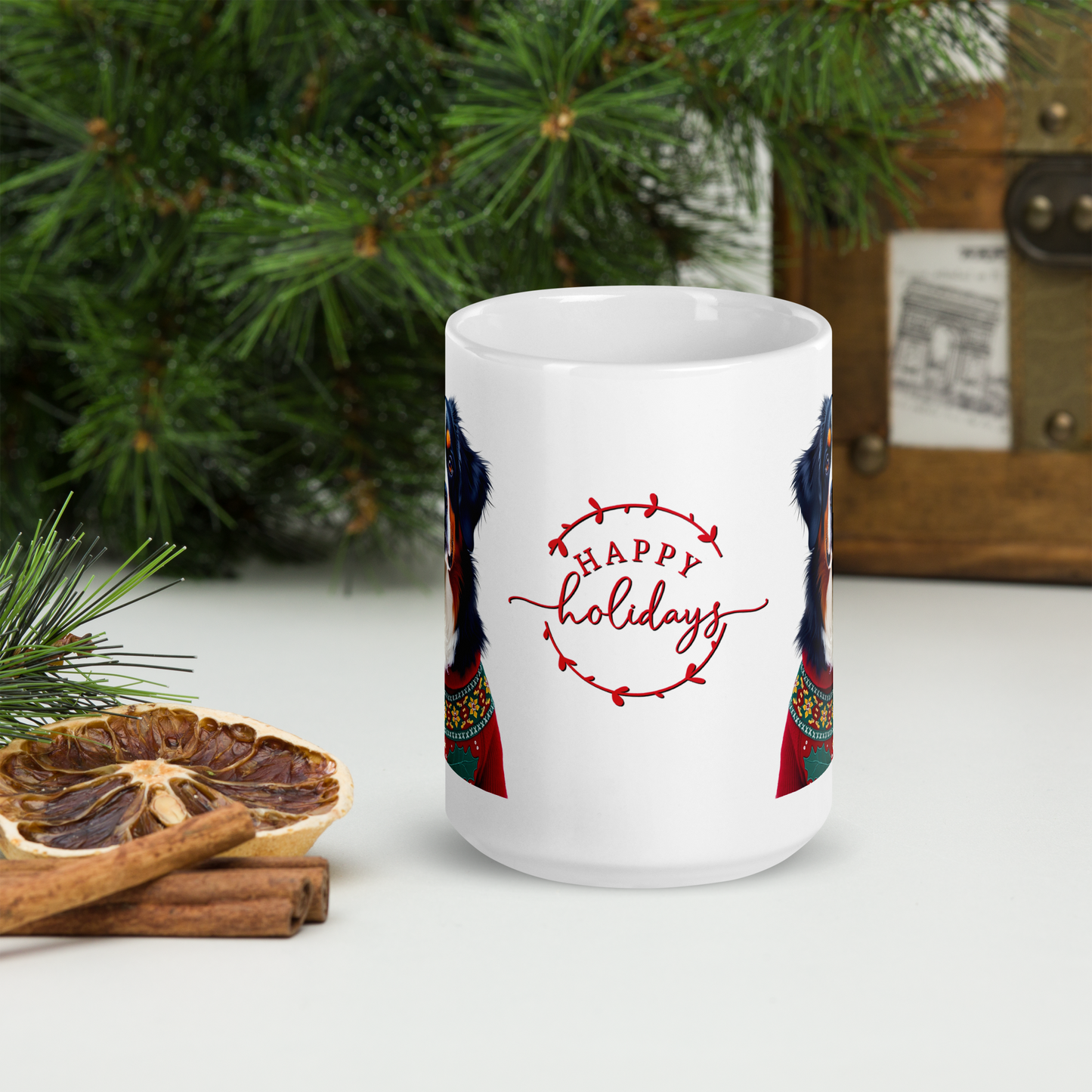 Bernese Mountain Dog Wearing Ugly Christmas Sweater Glossy White Mug