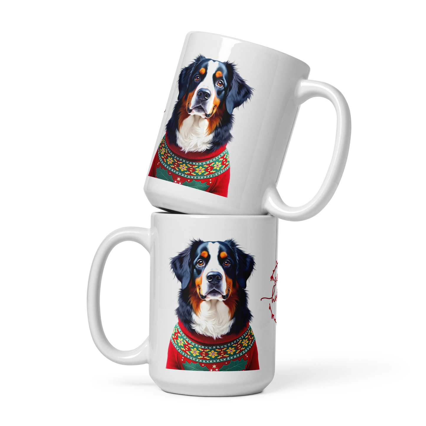 Bernese Mountain Dog Wearing Ugly Christmas Sweater Glossy White Mug