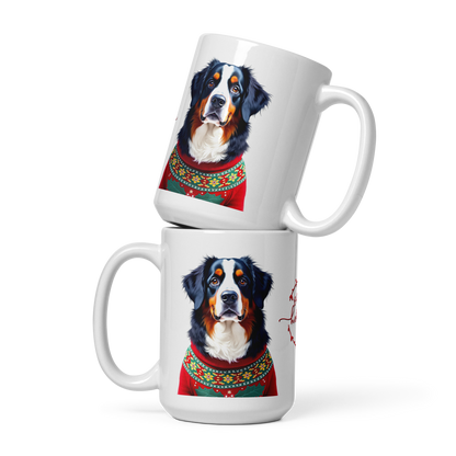 Bernese Mountain Dog Wearing Ugly Christmas Sweater Glossy White Mug