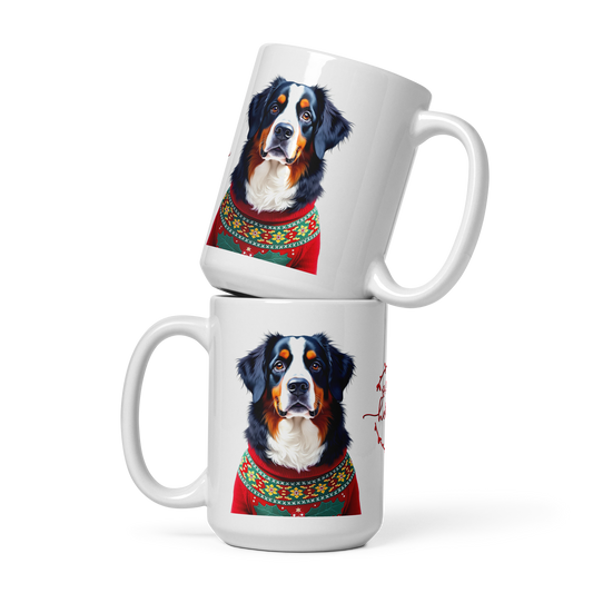 Bernese Mountain Dog Wearing Ugly Christmas Sweater Glossy White Mug