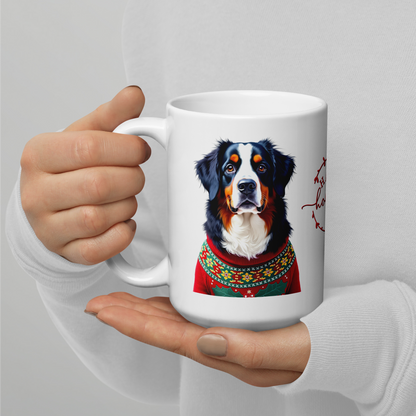 Bernese Mountain Dog Wearing Ugly Christmas Sweater Glossy White Mug