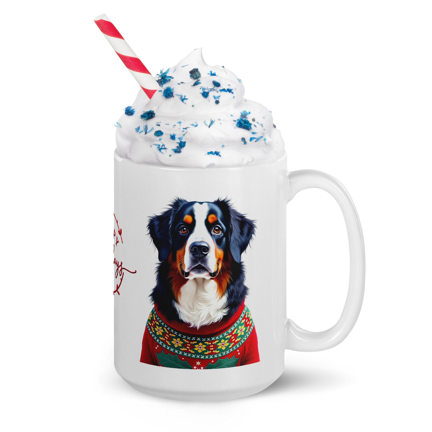 Bernese Mountain Dog Wearing Ugly Christmas Sweater Glossy White Mug