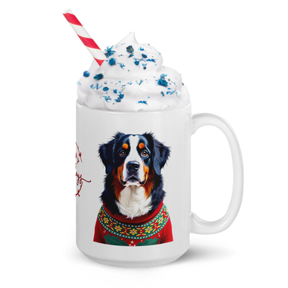 Bernese Mountain Dog Wearing Ugly Christmas Sweater Glossy White Mug