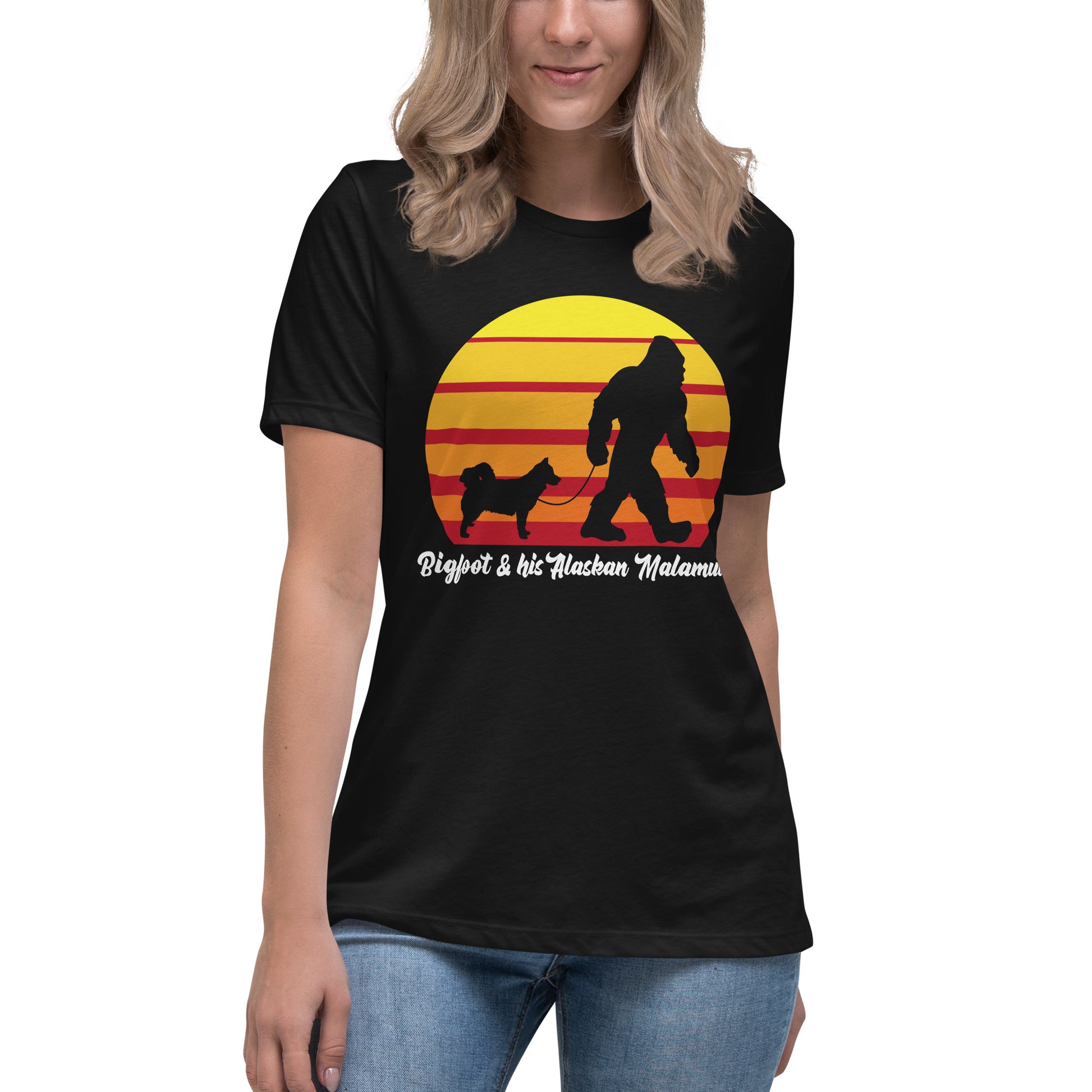 Big foot and his Alaskan Malamute women’s black t-shirt by Dog Artistry.