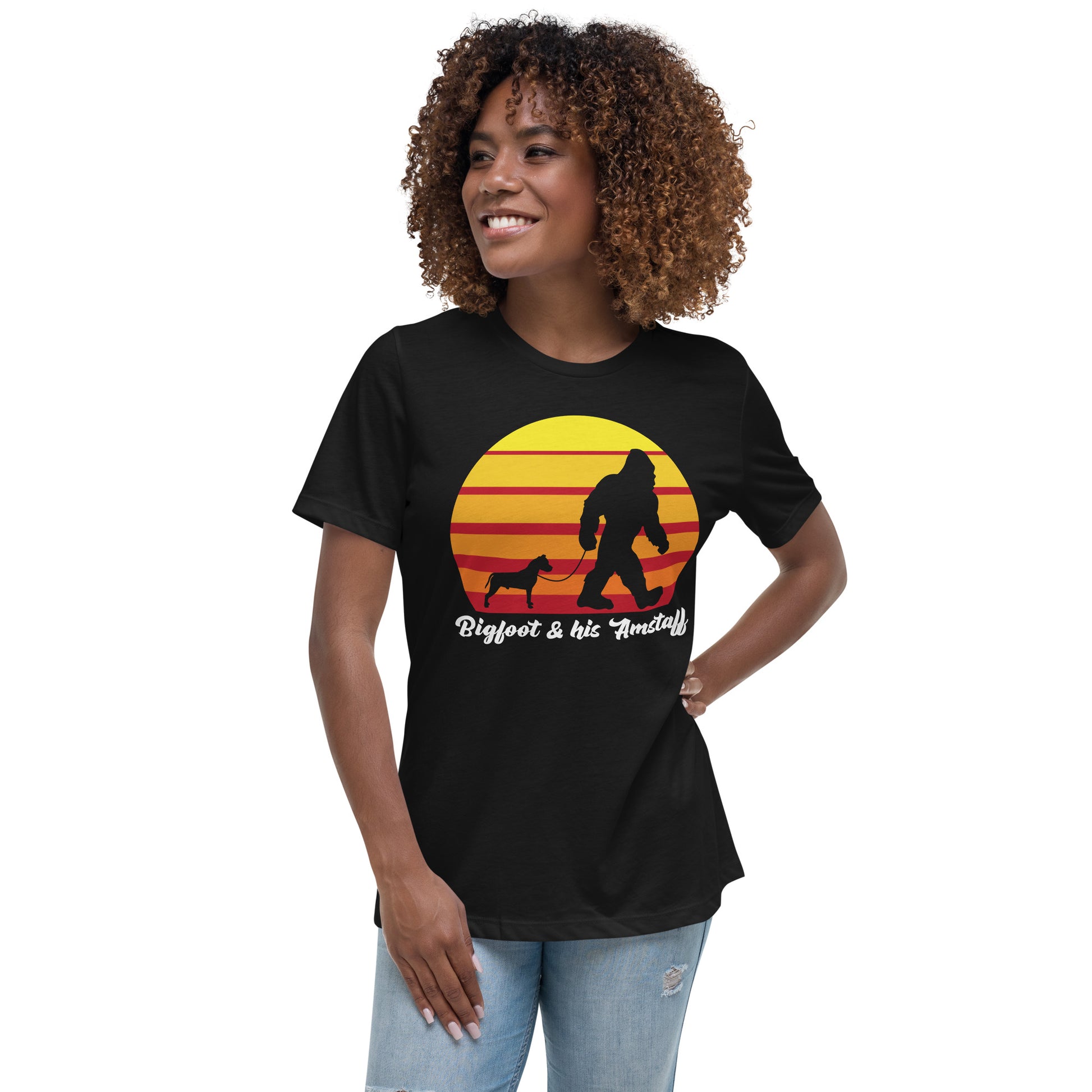 Big foot and his Amstaff women’s black t-shirt by Dog Artistry. American Staffordshire t-shirt.
