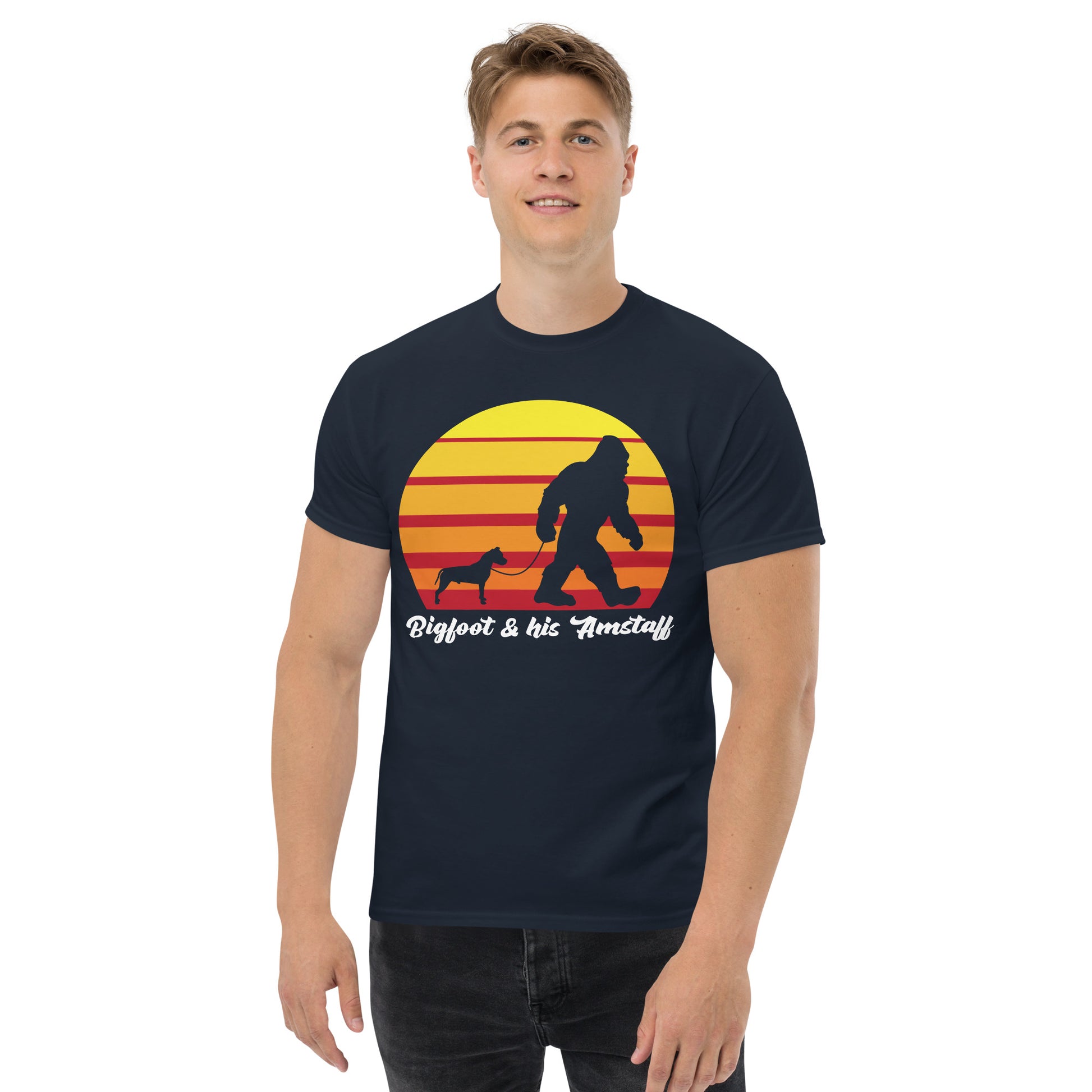 Big foot and his Amstaff men’s navy t-shirt by Dog Artistry. American Staffordshire t-shirt.