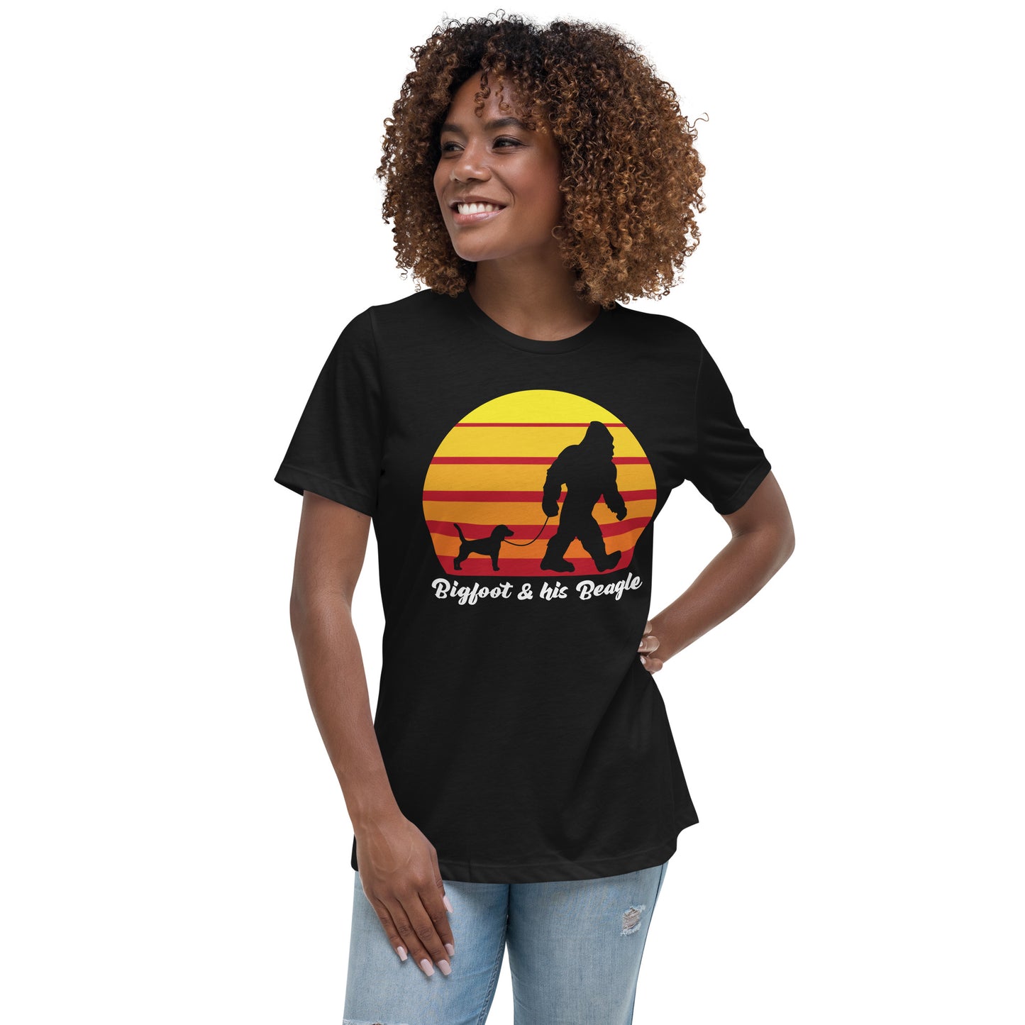 Big foot and his Beagle women’s black t-shirt by Dog Artistry.