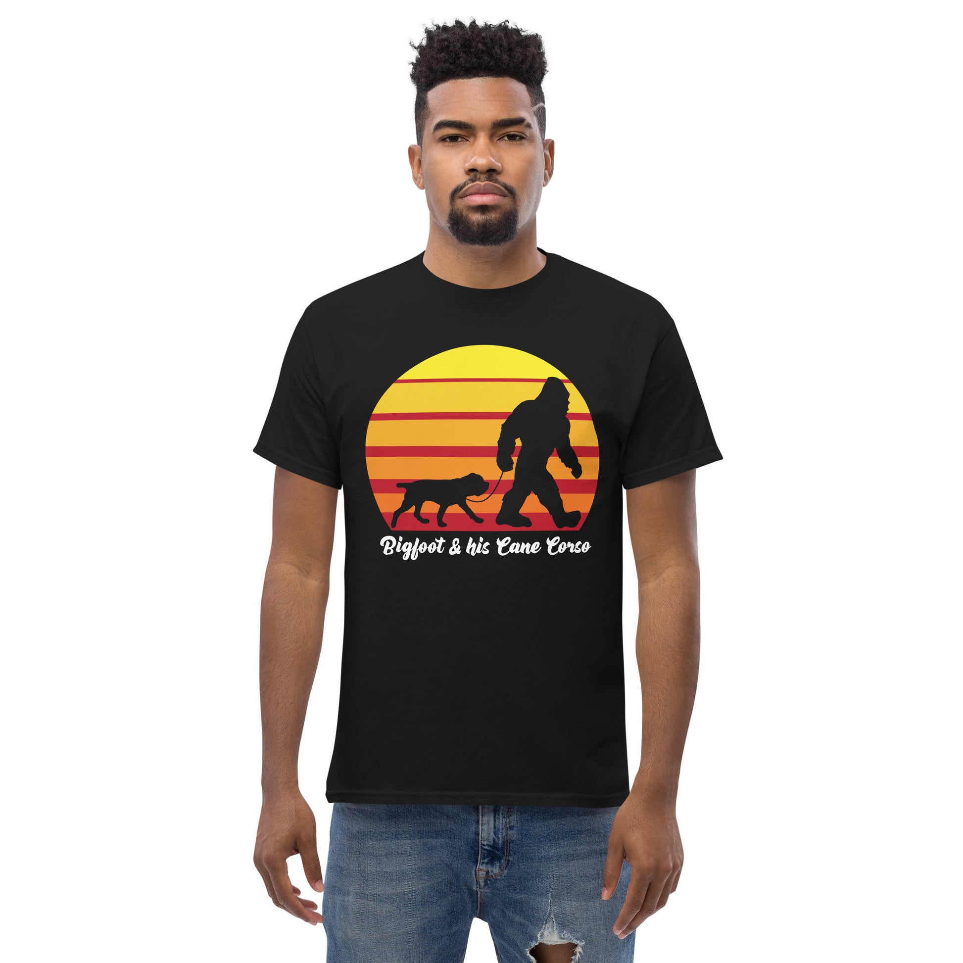 Big foot and his Cane Corso men’s black t-shirt by Dog Artistry.