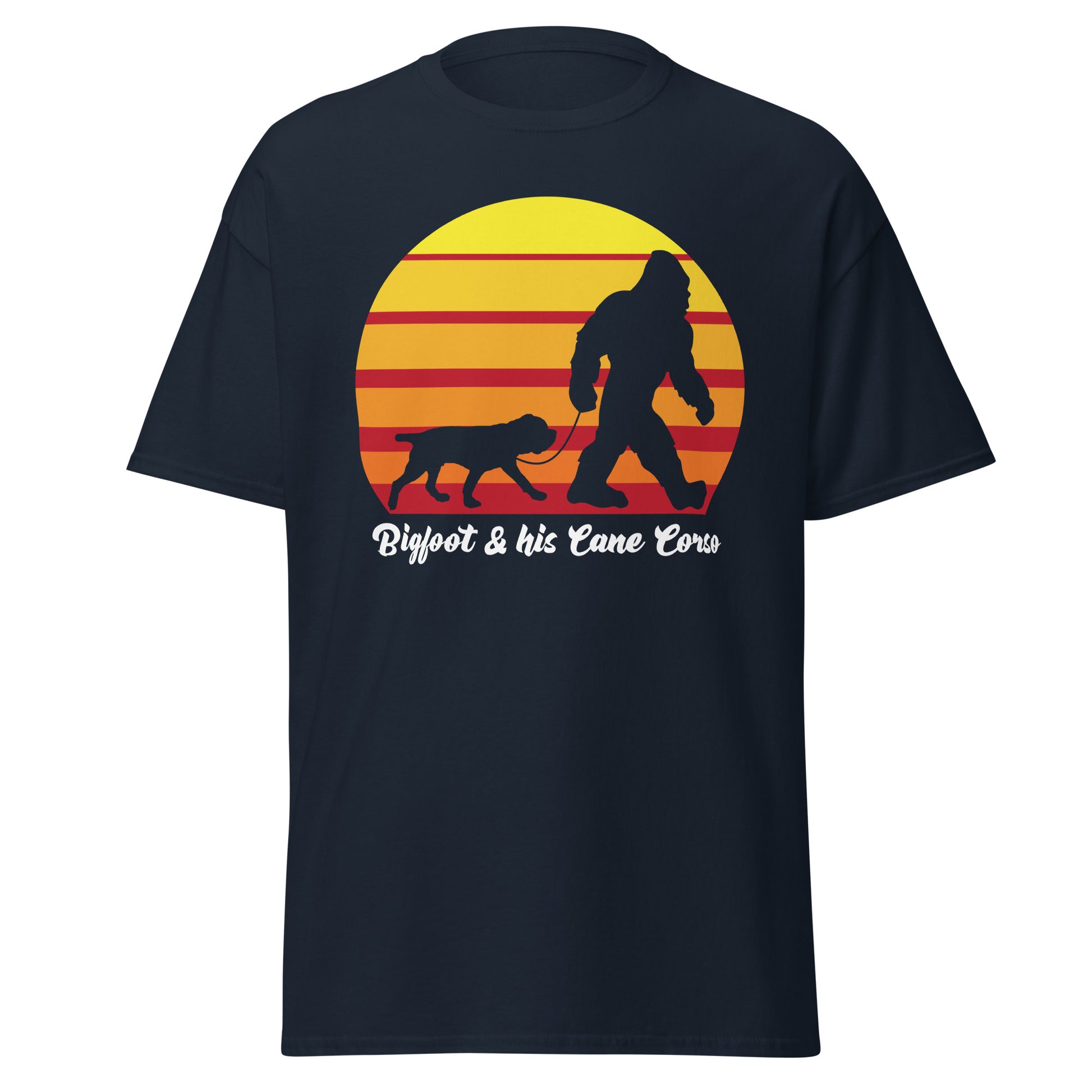 Big foot and his Cane Corso men’s navy t-shirt by Dog Artistry.