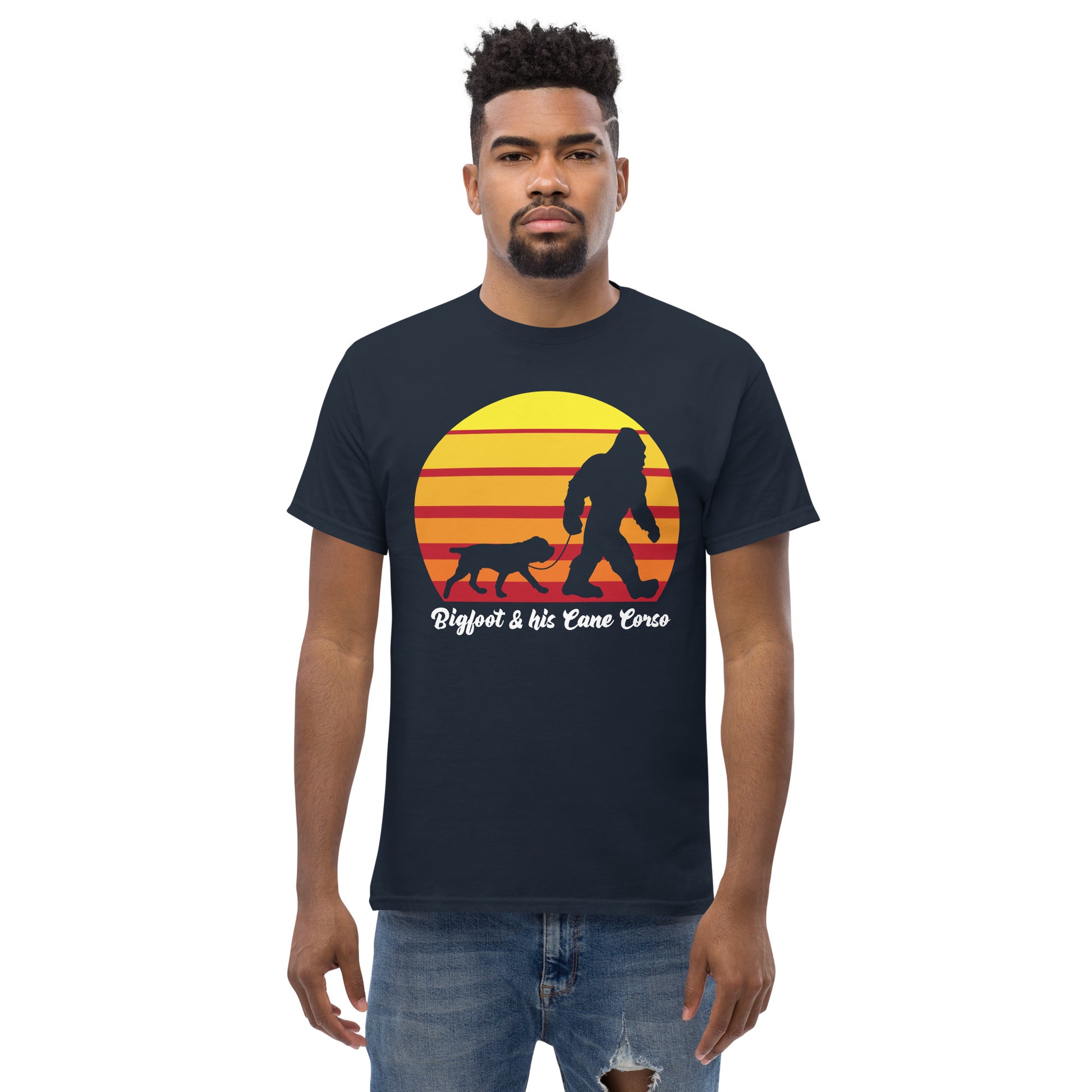 Big foot and his Cane Corso men’s navy t-shirt by Dog Artistry.