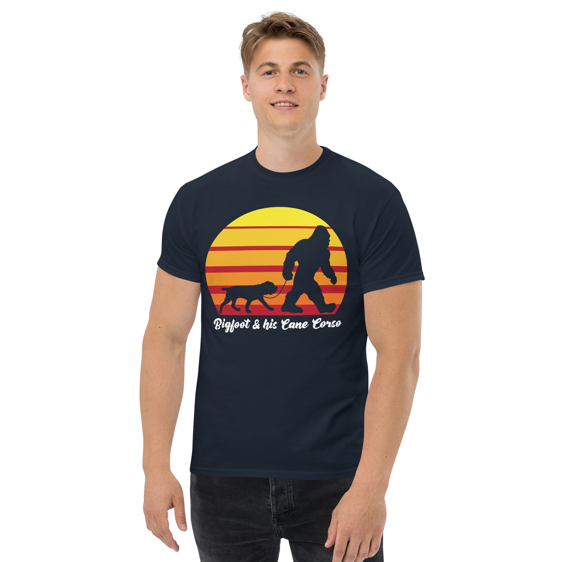 Big foot and his Cane Corso men’s navy t-shirt by Dog Artistry.