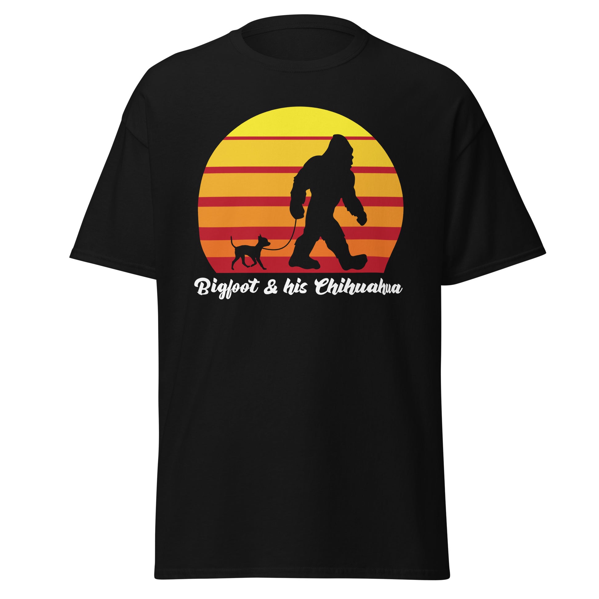 Big foot and his Chihuahua men’s black t-shirt by Dog Artistry.