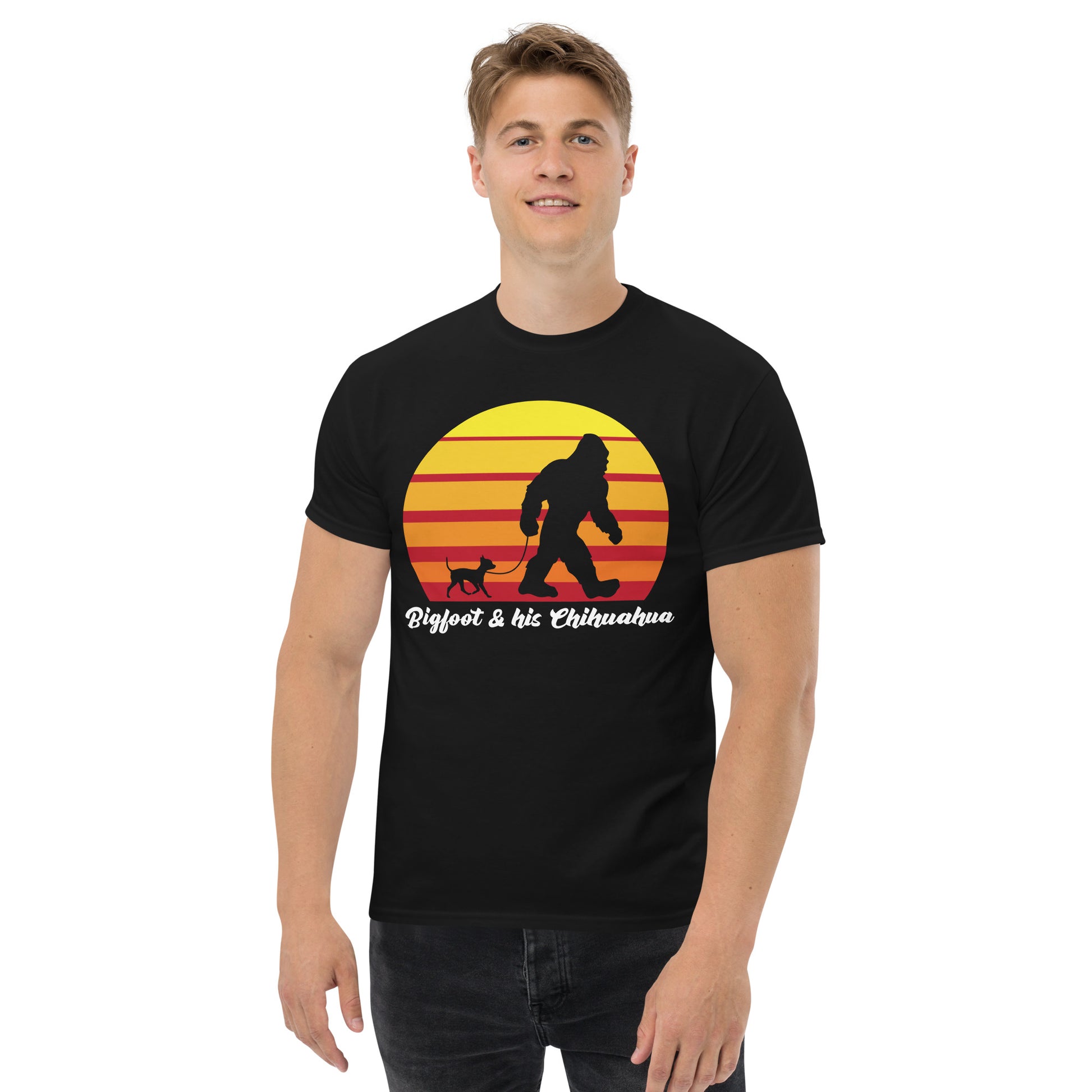 Big foot and his Chihuahua men’s black t-shirt by Dog Artistry.