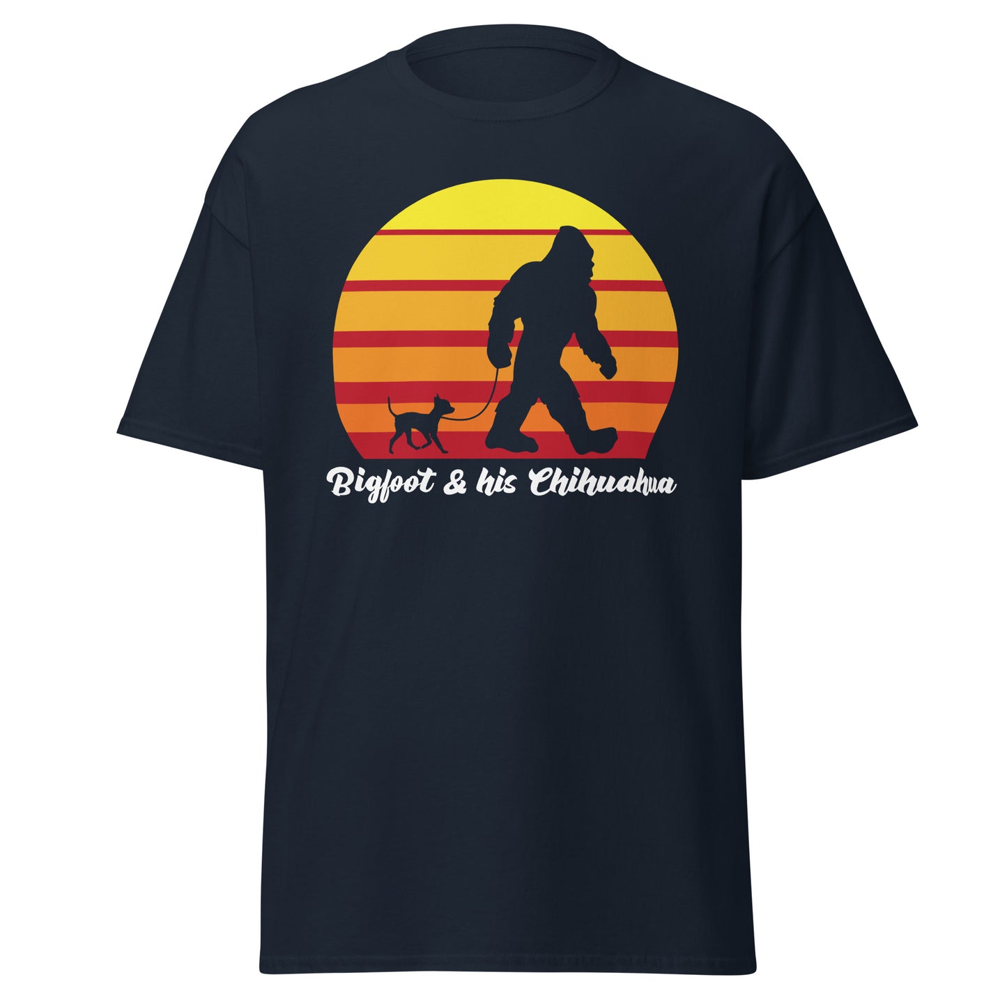 Big foot and his Chihuahua men’s navy t-shirt by Dog Artistry.