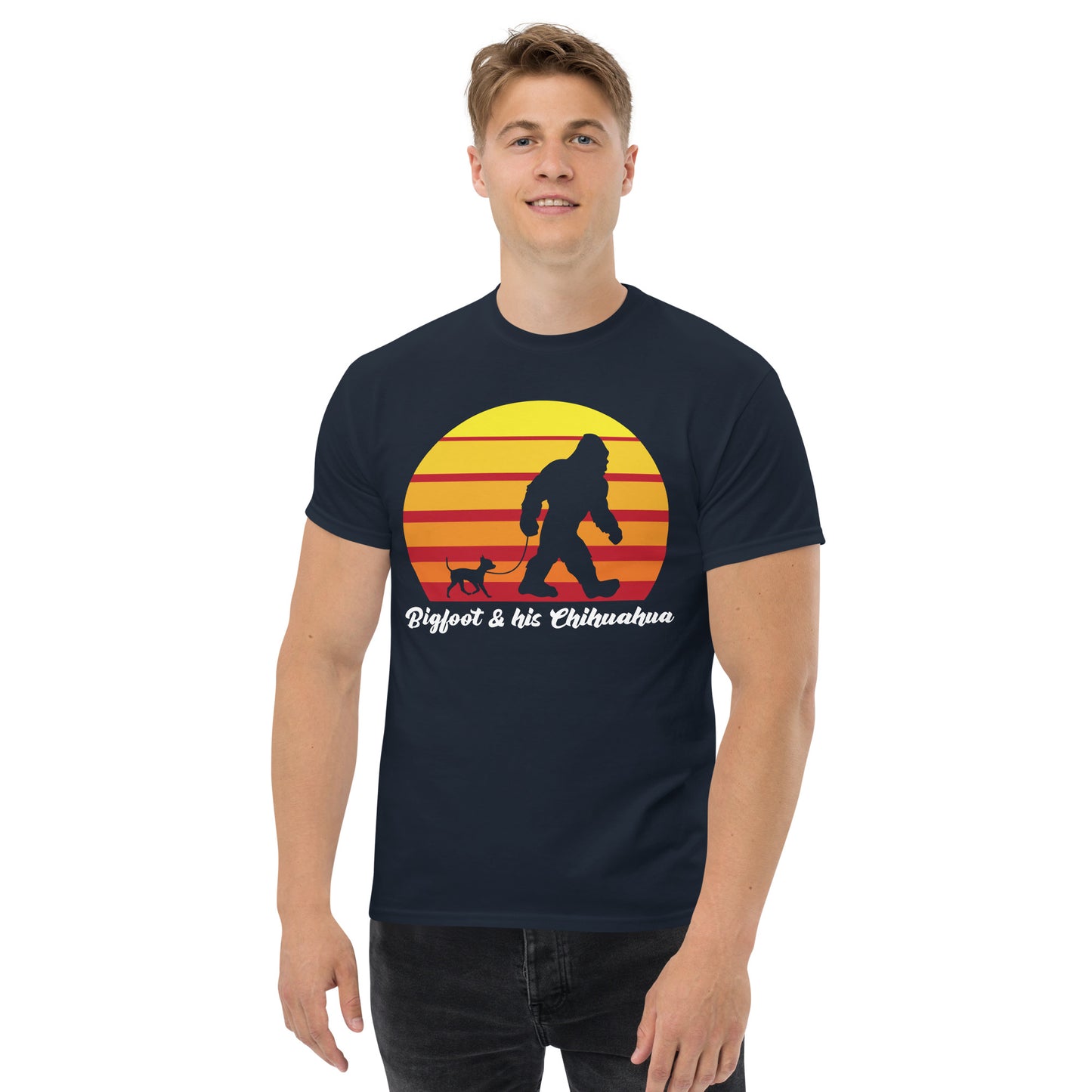 Big foot and his Chihuahua men’s navy t-shirt by Dog Artistry.