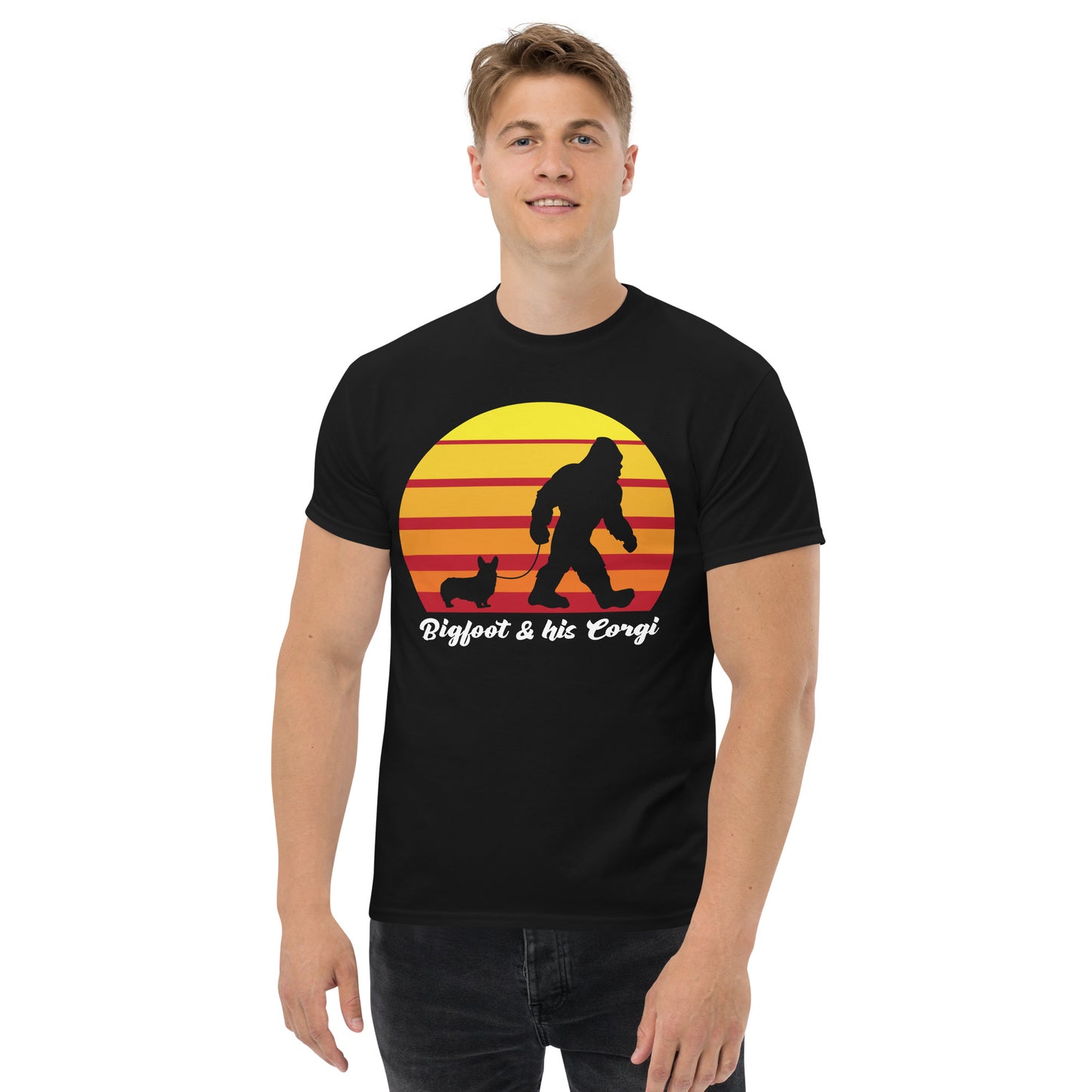 Big foot and his Corgi men’s black t-shirt by Dog Artistry.