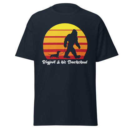 Big foot and his Dachshund men’s navy t-shirt by Dog Artistry.