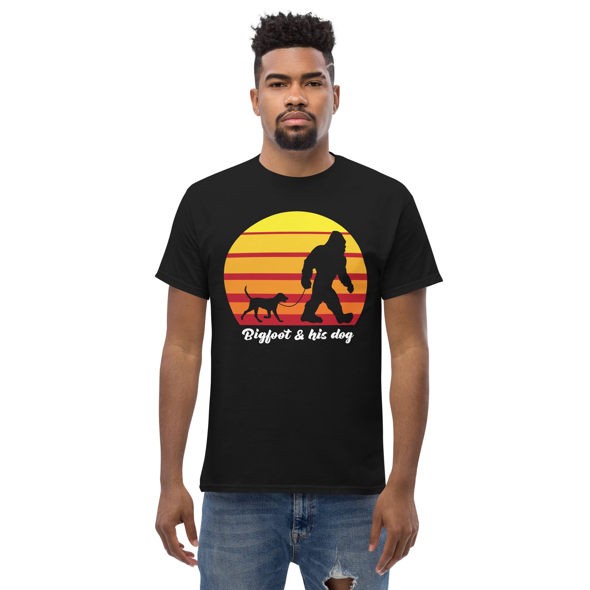 Big foot and his Dog men’s black t-shirt by Dog Artistry.