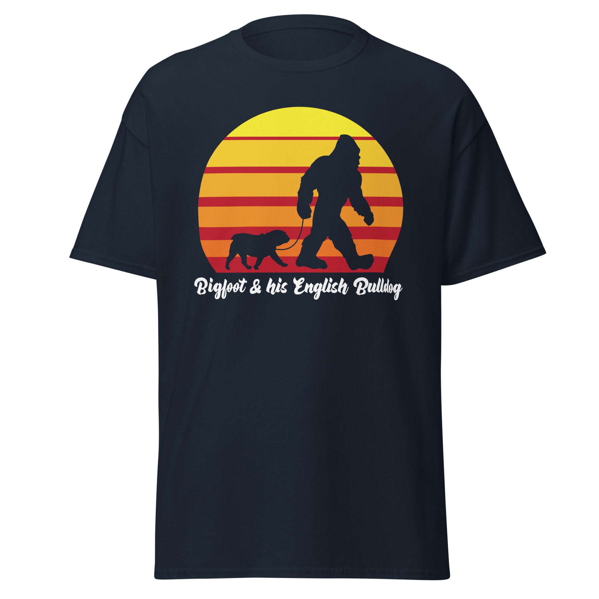 Big foot and his English Bulldog men’s navy t-shirt by Dog Artistry.