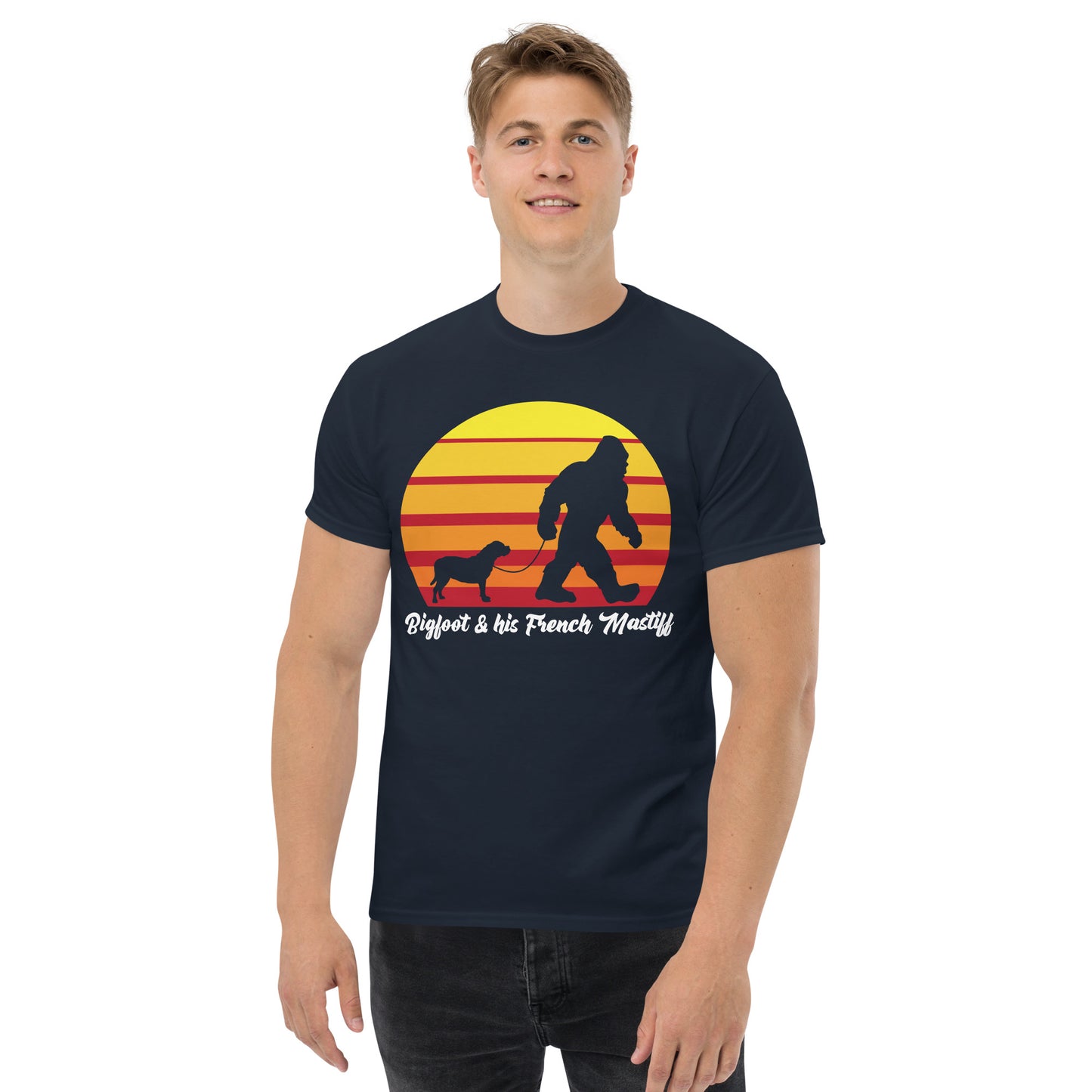 Big foot and his French Mastiff men’s navy t-shirt by Dog Artistry.