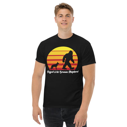 Bigfoot and his German Shepherd men’s black t-shirt by Dog Artistry.