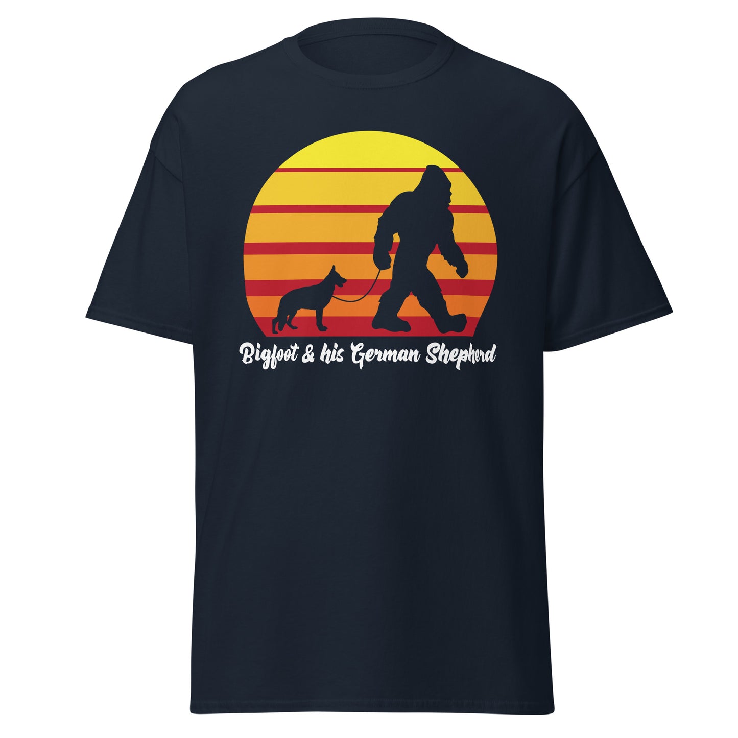 Bigfoot and his German Shepherd men’s navy t-shirt by Dog Artistry.