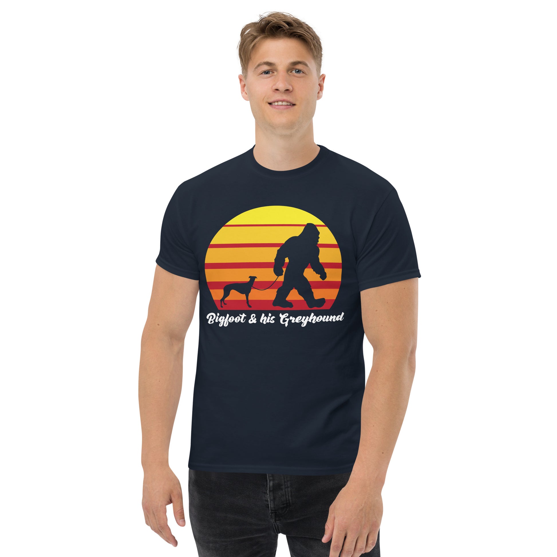 Bigfoot and his Greyhound men’s navy t-shirt by Dog Artistry.