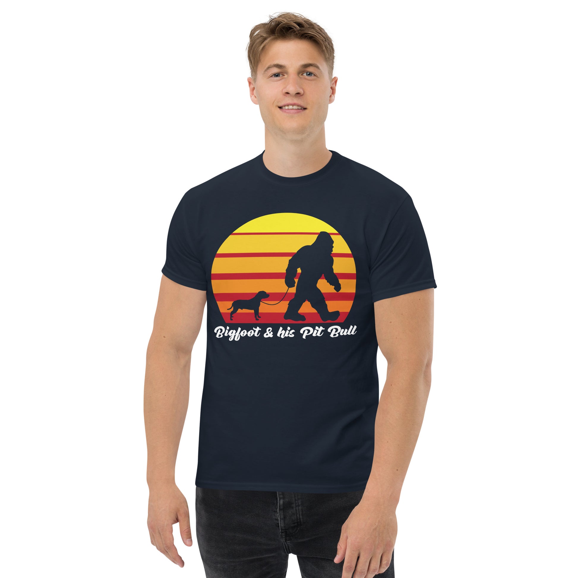 Bigfoot and his American Pit Bull men’s navy t-shirt by Dog Artistry.