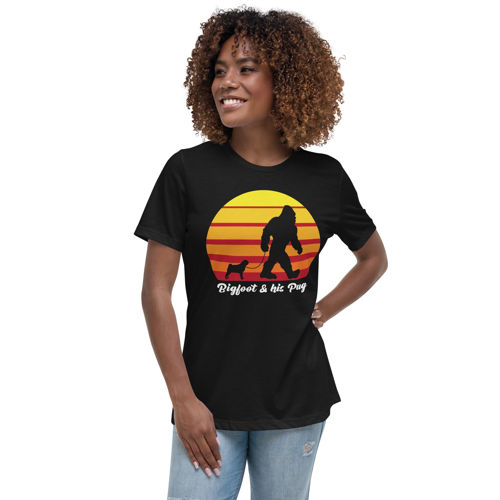 Bigfoot and his Pug women’s black t-shirt by Dog Artistry.