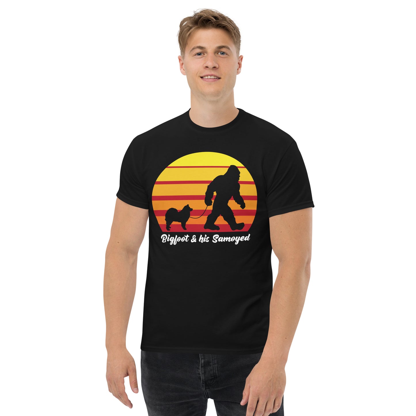 Bigfoot and his Samoyed men’s black t-shirt by Dog Artistry.