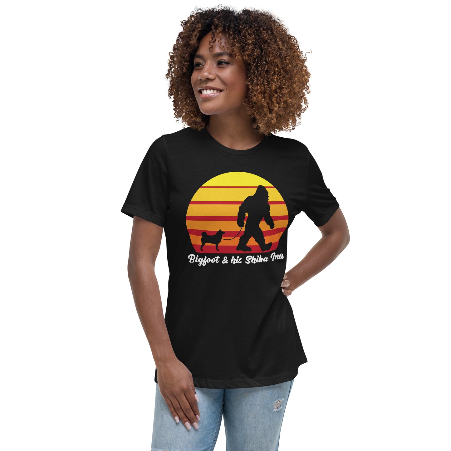 Bigfoot and his Shiba Inu women’s black t-shirt by Dog Artistry.