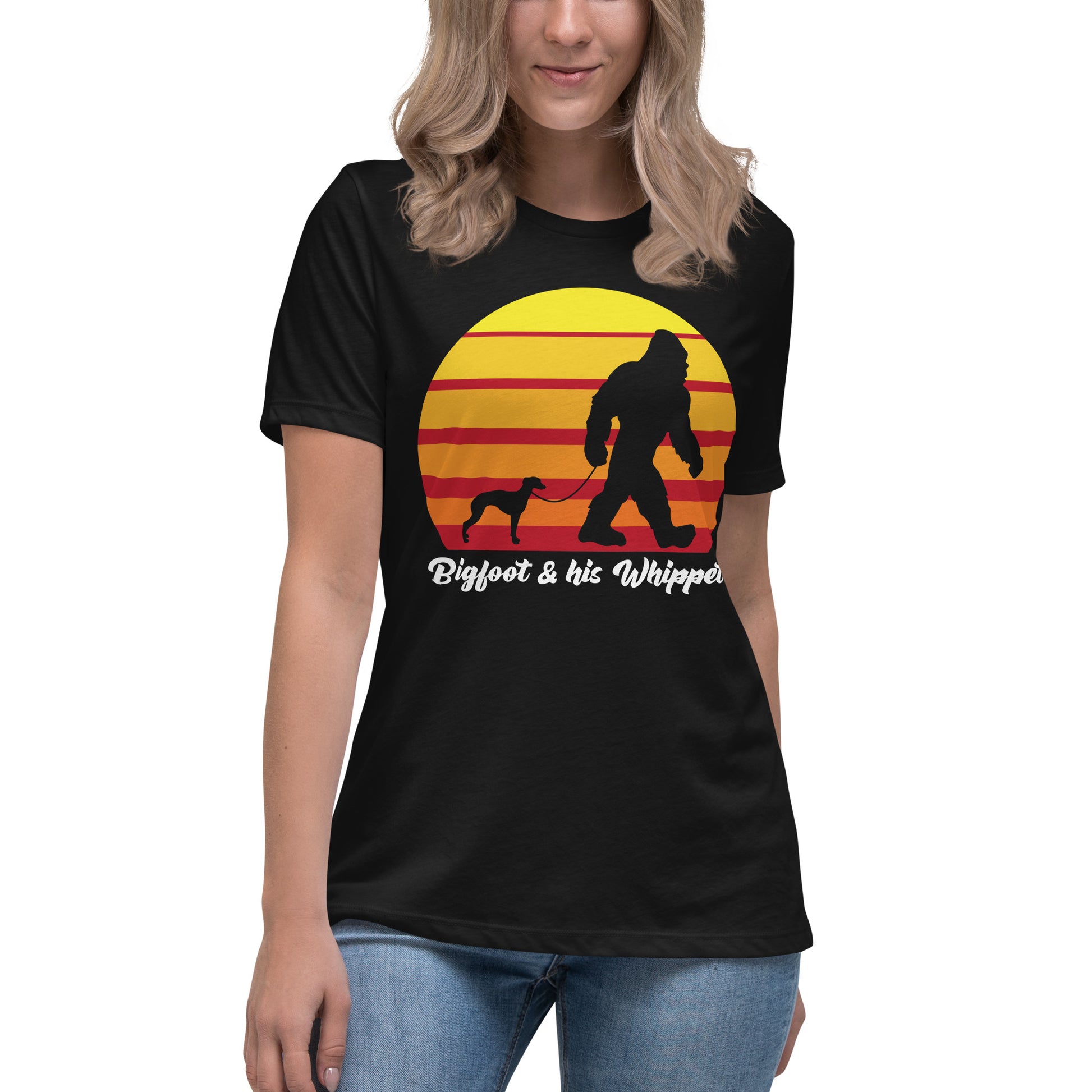 Bigfoot and his Staffordshire Whippet women’s black t-shirt by Dog Artistry.
