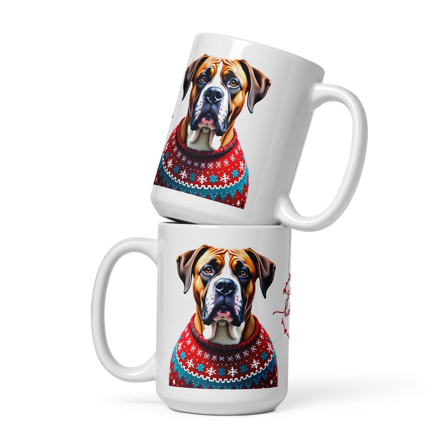 Boerboel Wearing Ugly Christmas Sweater Glossy White Mug