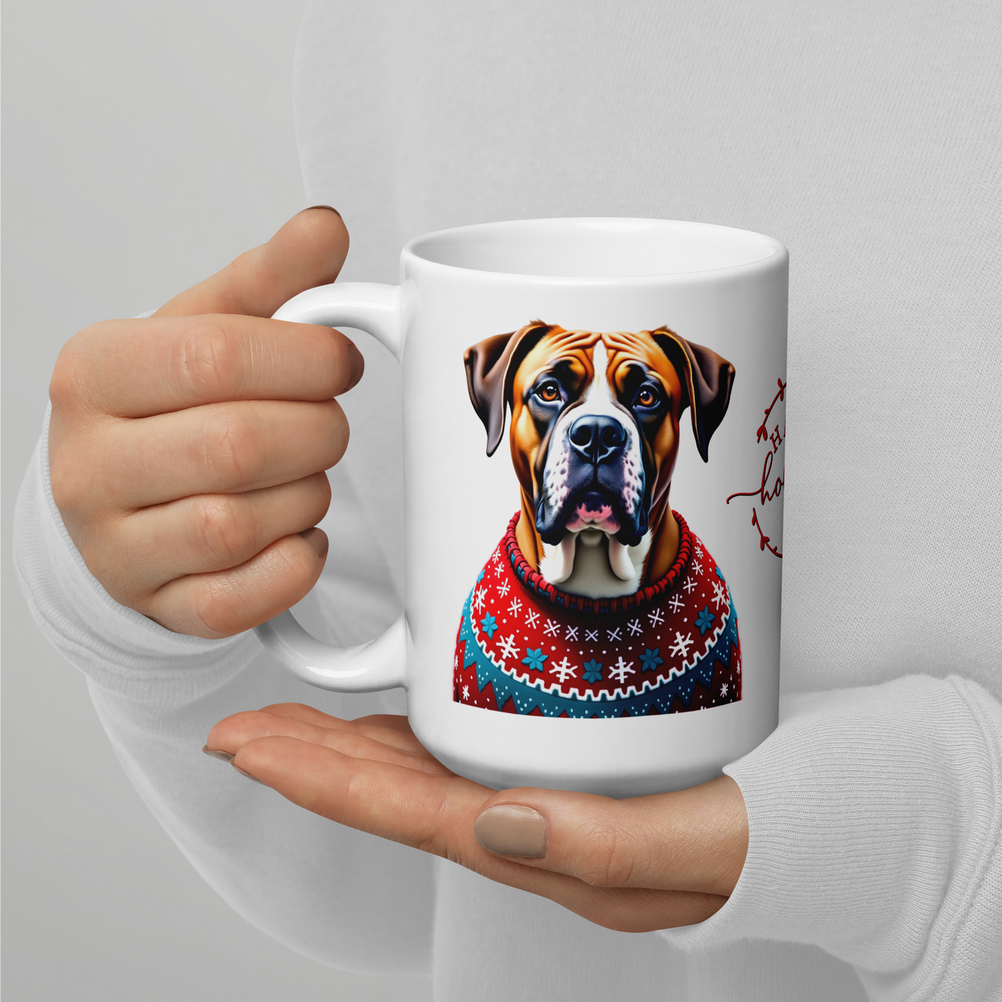 Boerboel Wearing Ugly Christmas Sweater Glossy White Mug