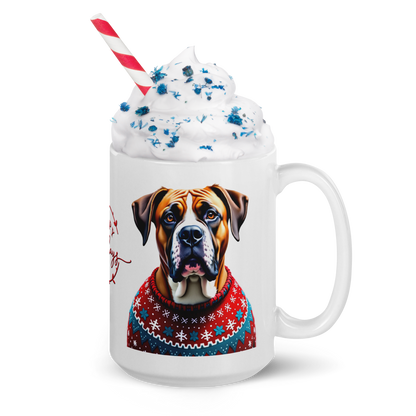 Boerboel Wearing Ugly Christmas Sweater Glossy White Mug