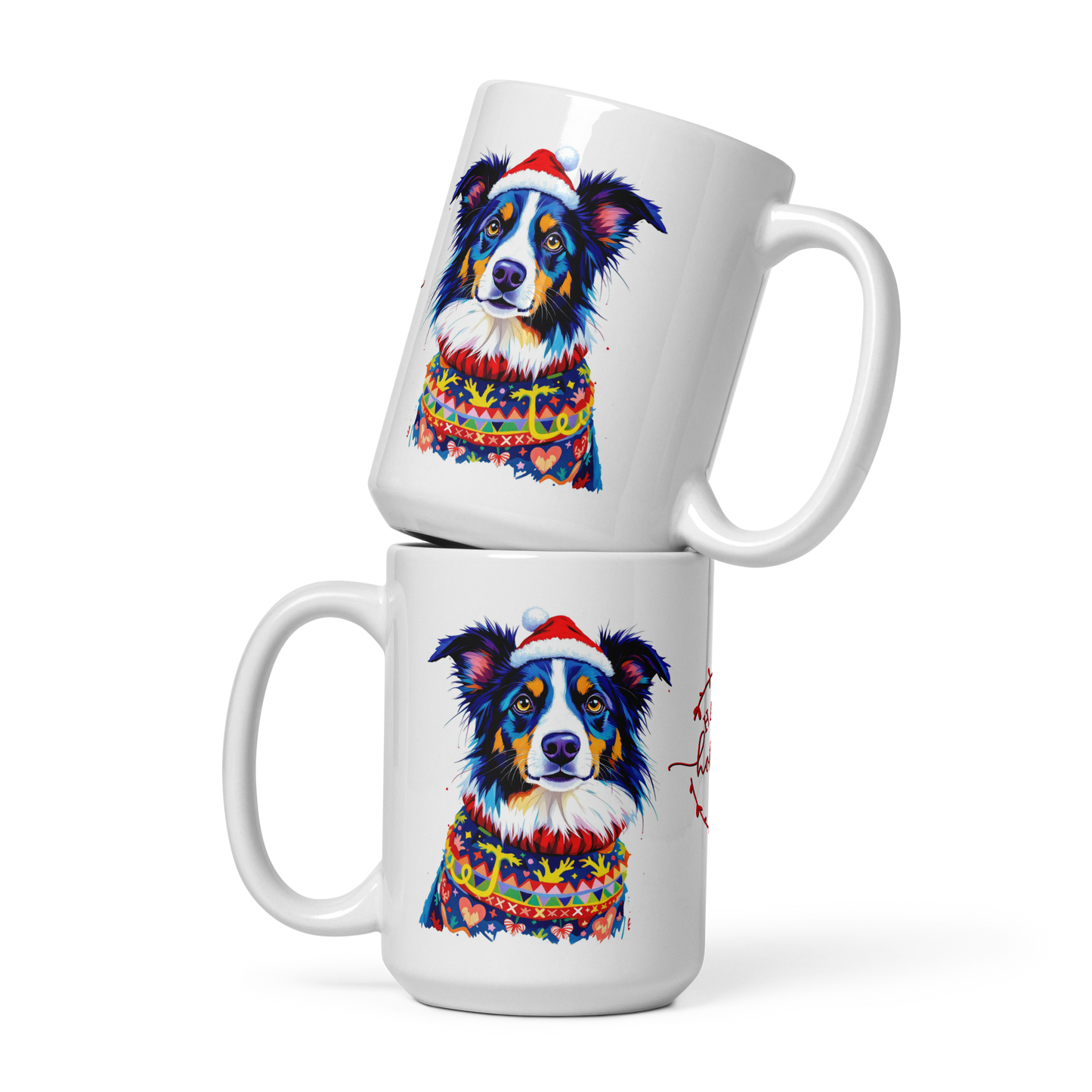 Border Collie Wearing Ugly Christmas Sweater and Santa Hat Glossy White Mug