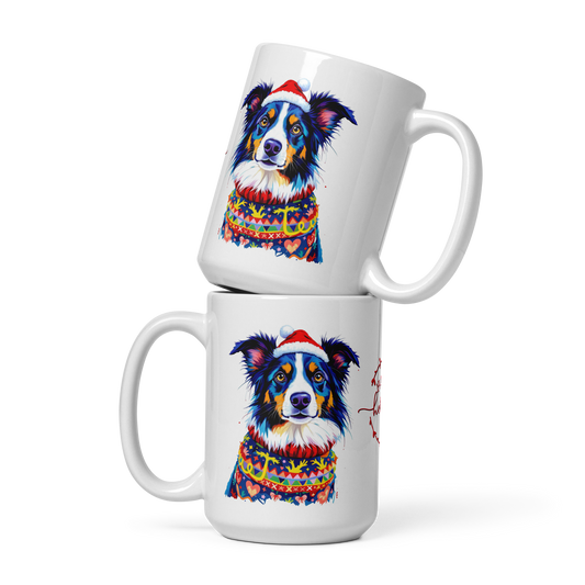 Border Collie Wearing Ugly Christmas Sweater and Santa Hat Glossy White Mug