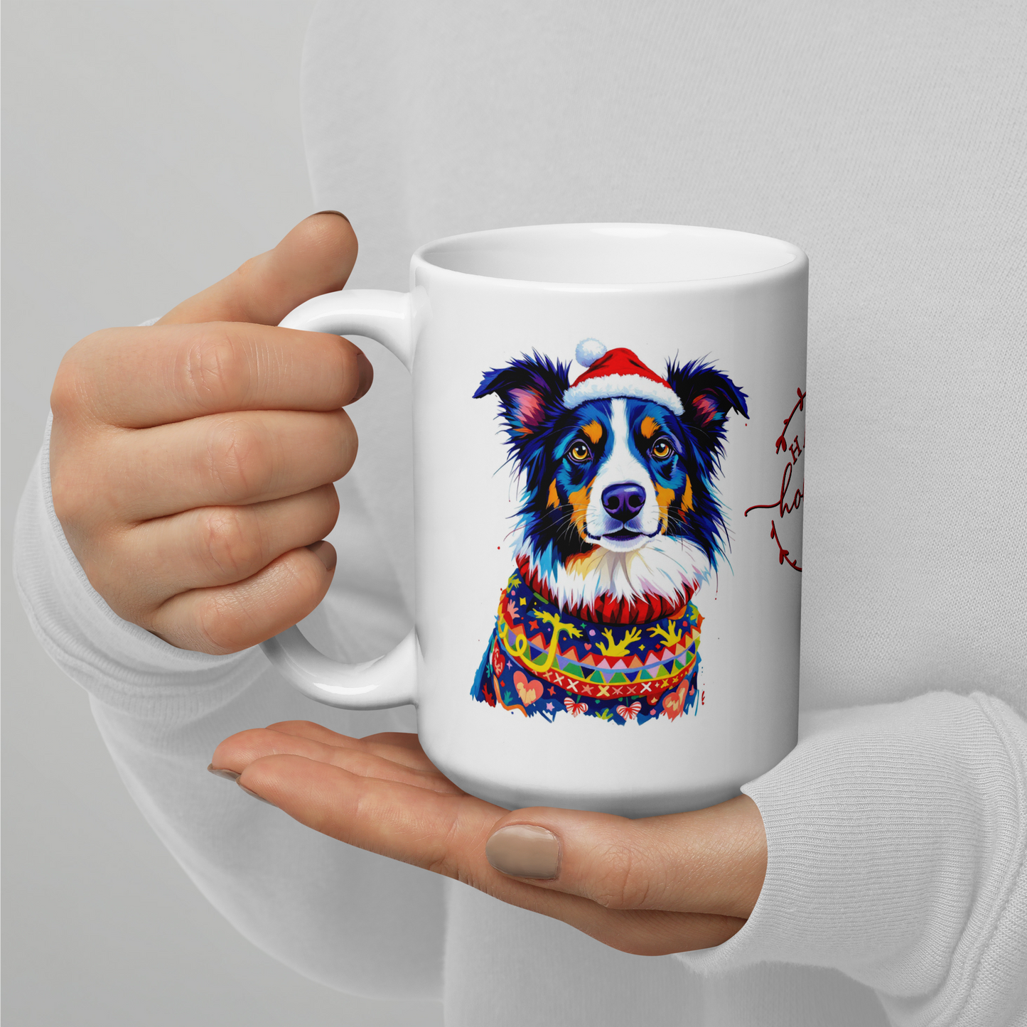 Border Collie Wearing Ugly Christmas Sweater and Santa Hat Glossy White Mug