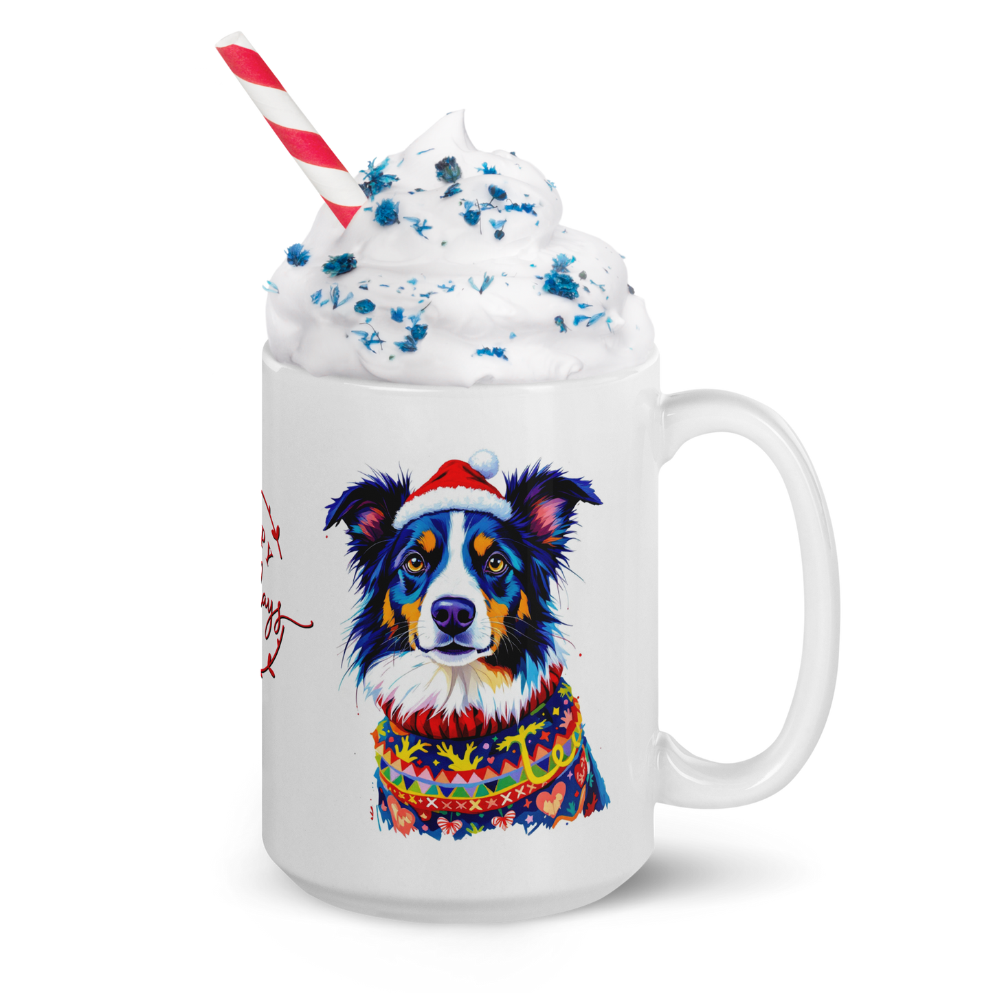 Border Collie Wearing Ugly Christmas Sweater and Santa Hat Glossy White Mug