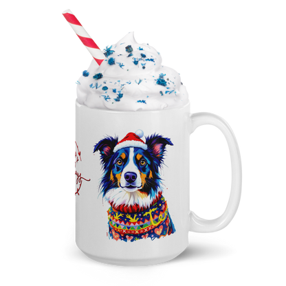 Border Collie Wearing Ugly Christmas Sweater and Santa Hat Glossy White Mug