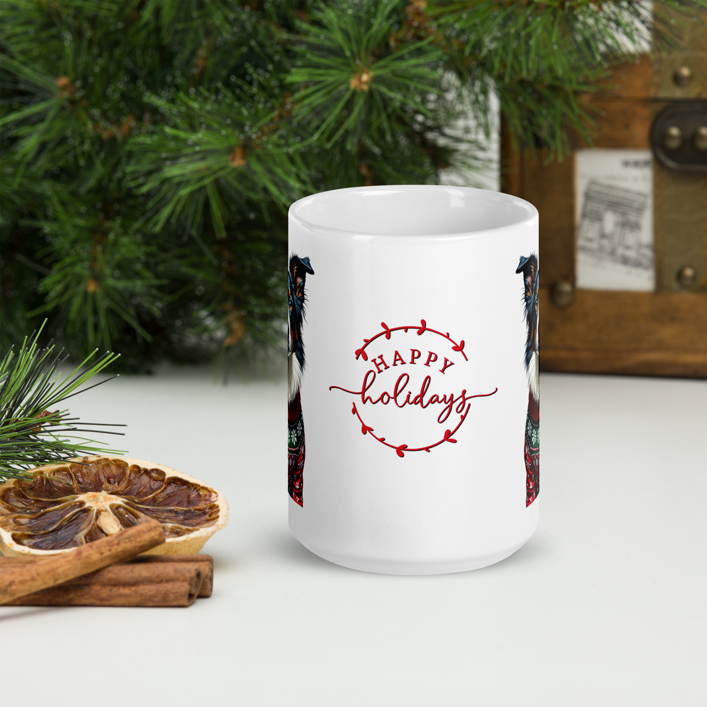 Border Collie Wearing Ugly Christmas Sweater Glossy White Mug