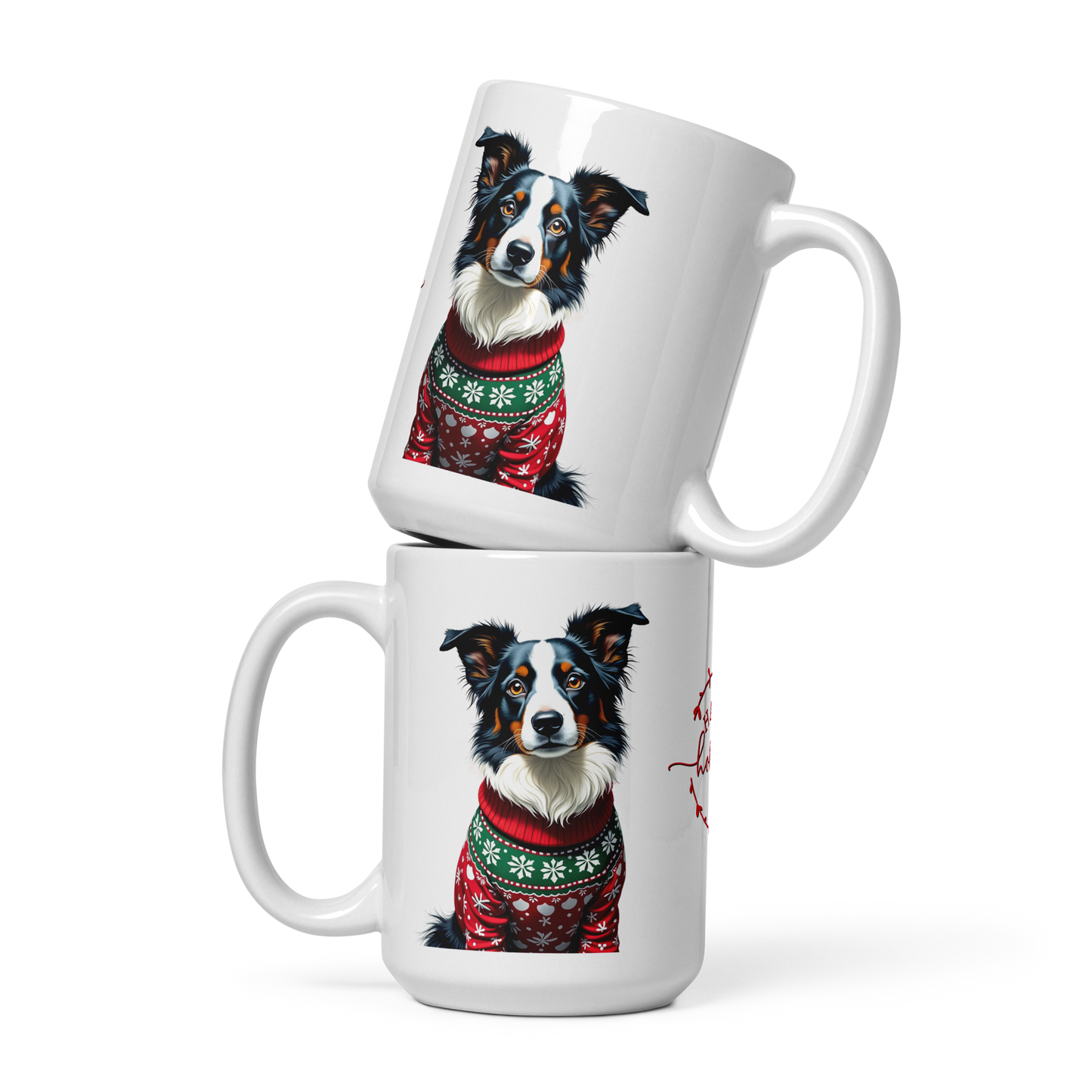 Border Collie Wearing Ugly Christmas Sweater Glossy White Mug